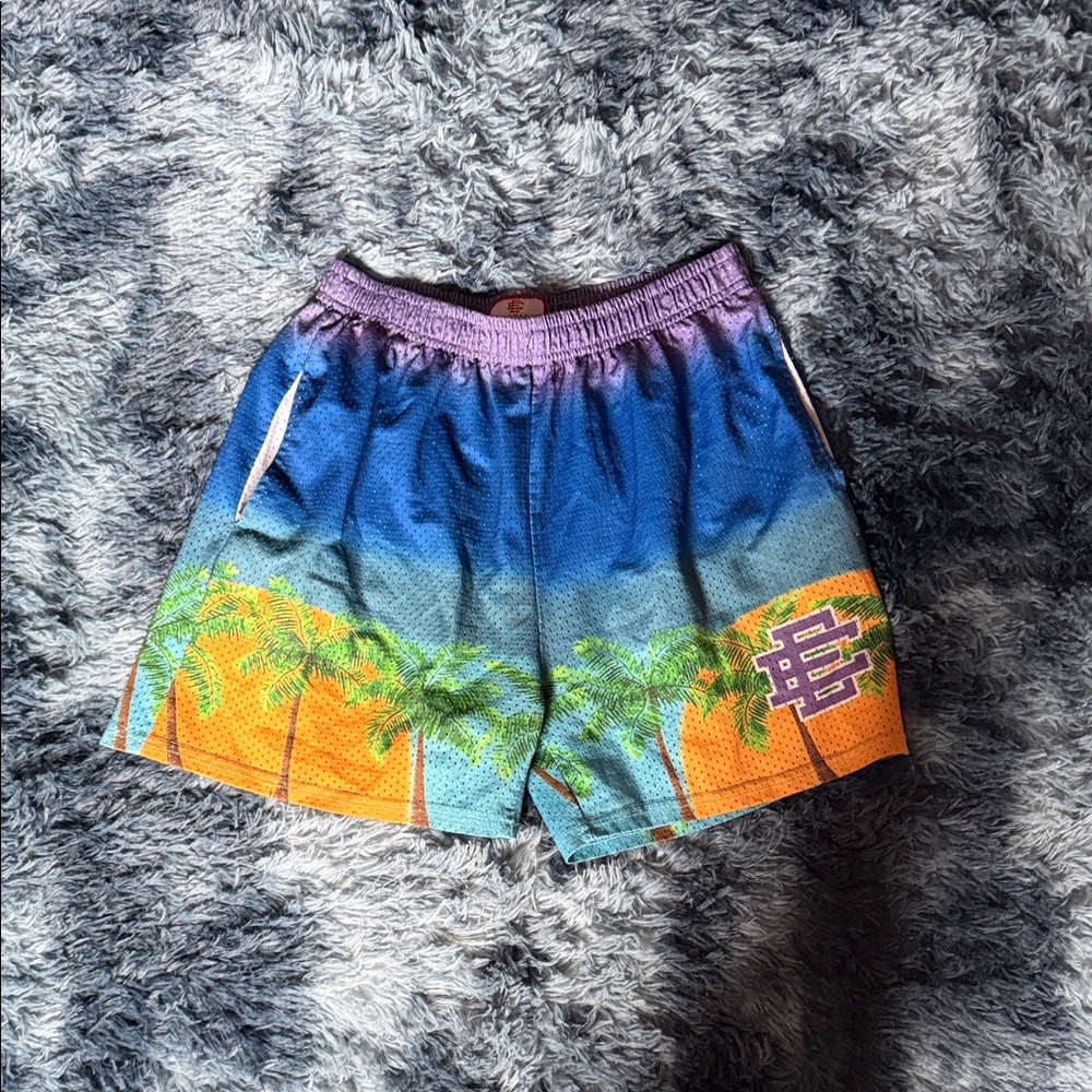 Men's Tropical Palm Print Athletic Shorts - Purple/Blue/Orange